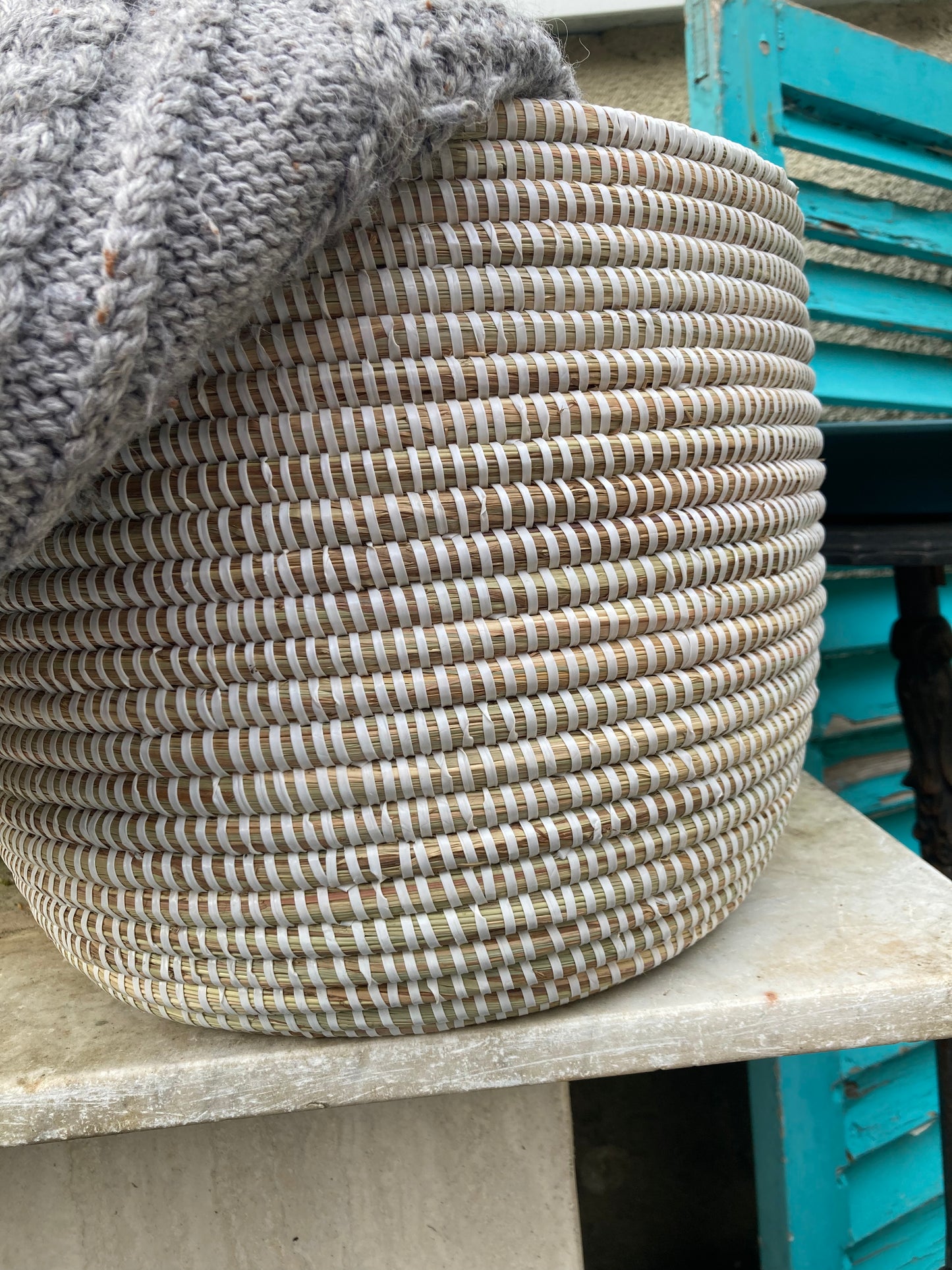 Woven Grass Basket With Recycled Strips