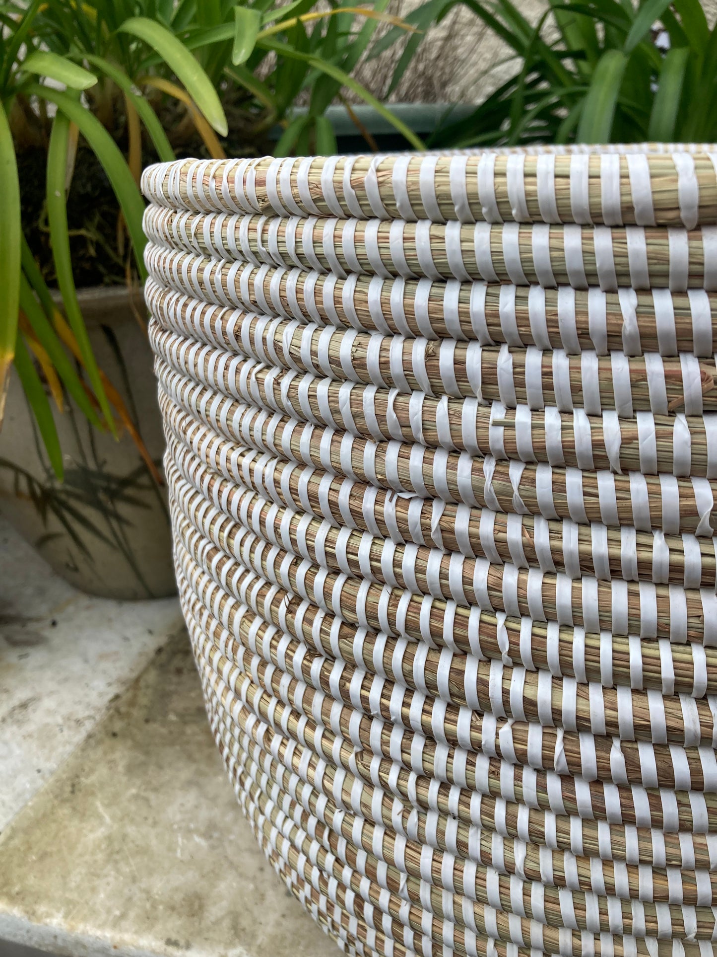 Woven Grass Basket With Recycled Strips