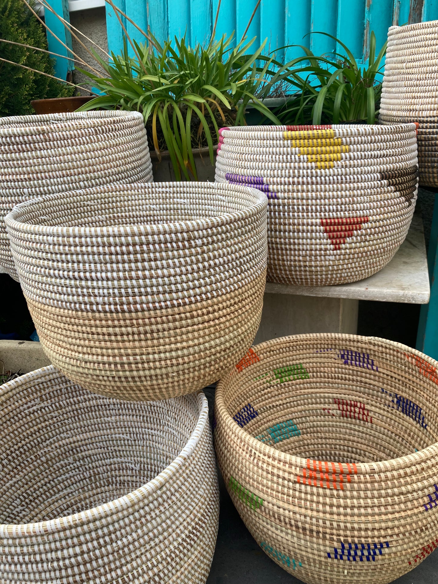 Woven Grass Basket With Recycled Strips