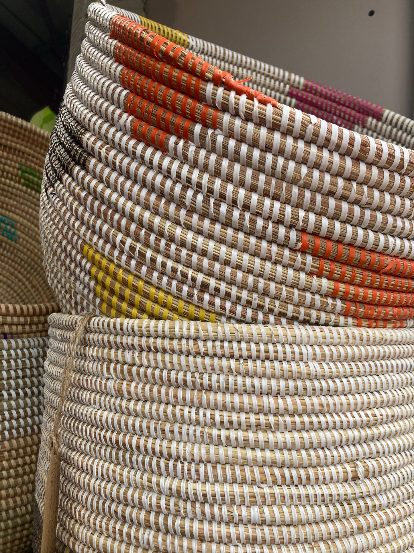 Woven Grass Basket With Recycled Strips