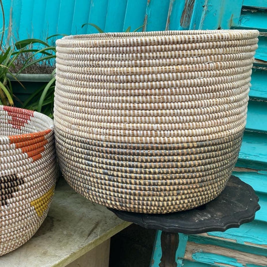 Woven Grass Basket With Recycled Strips