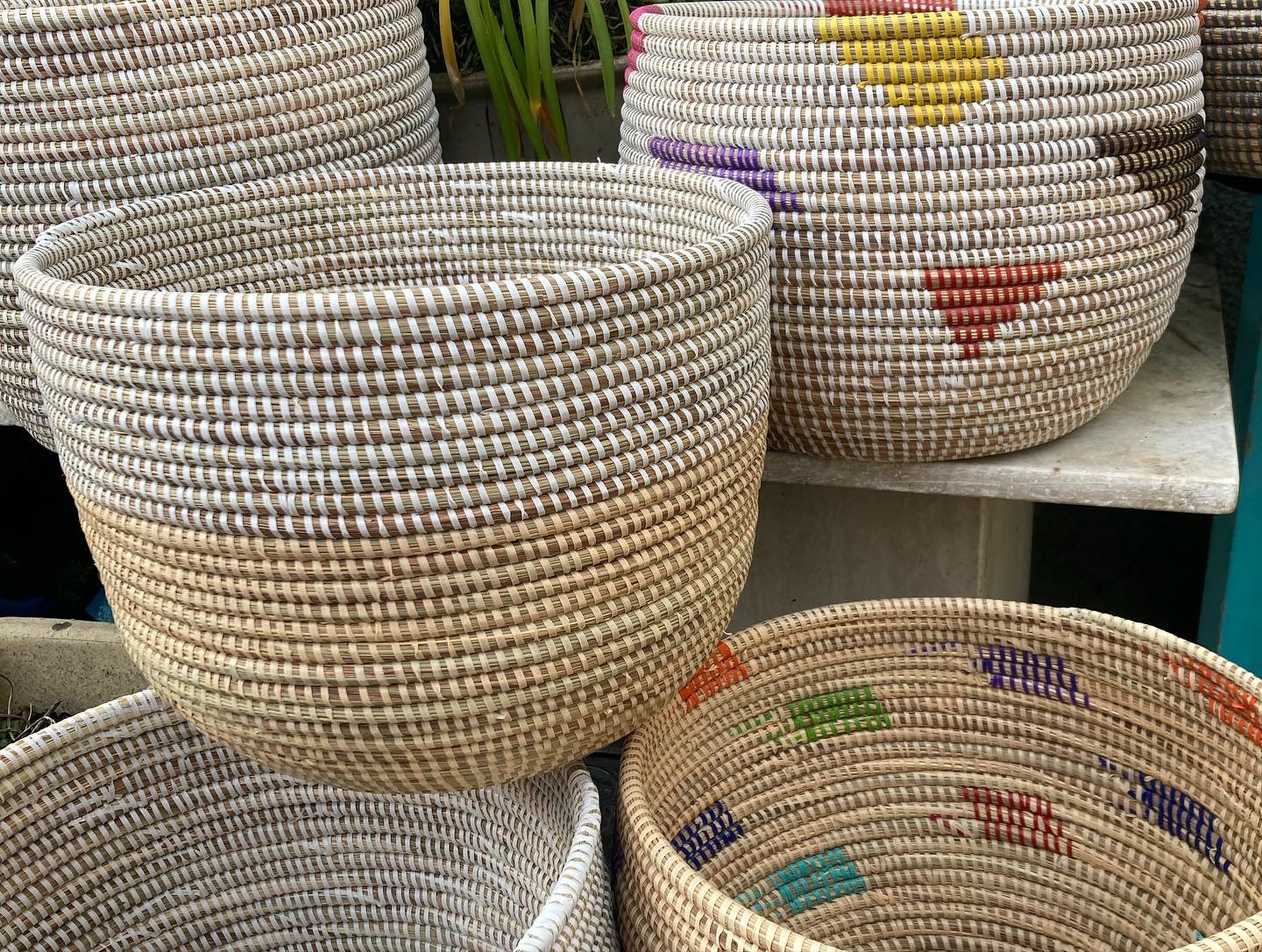 Woven Grass Basket With Recycled Strips