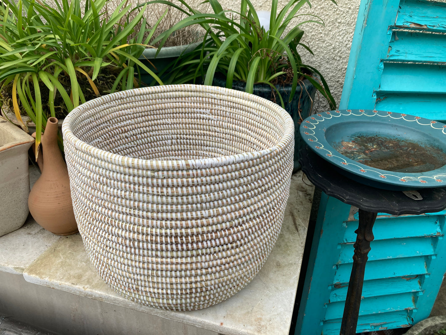 Woven Grass Basket With Recycled Strips