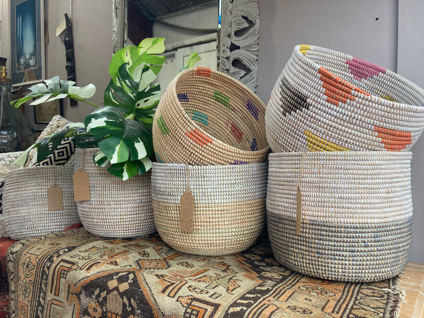 Woven Grass Basket With Recycled Strips