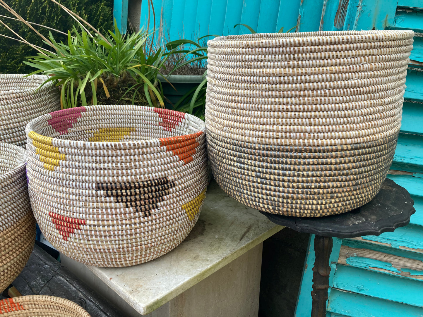 Woven Grass Basket With Recycled Strips