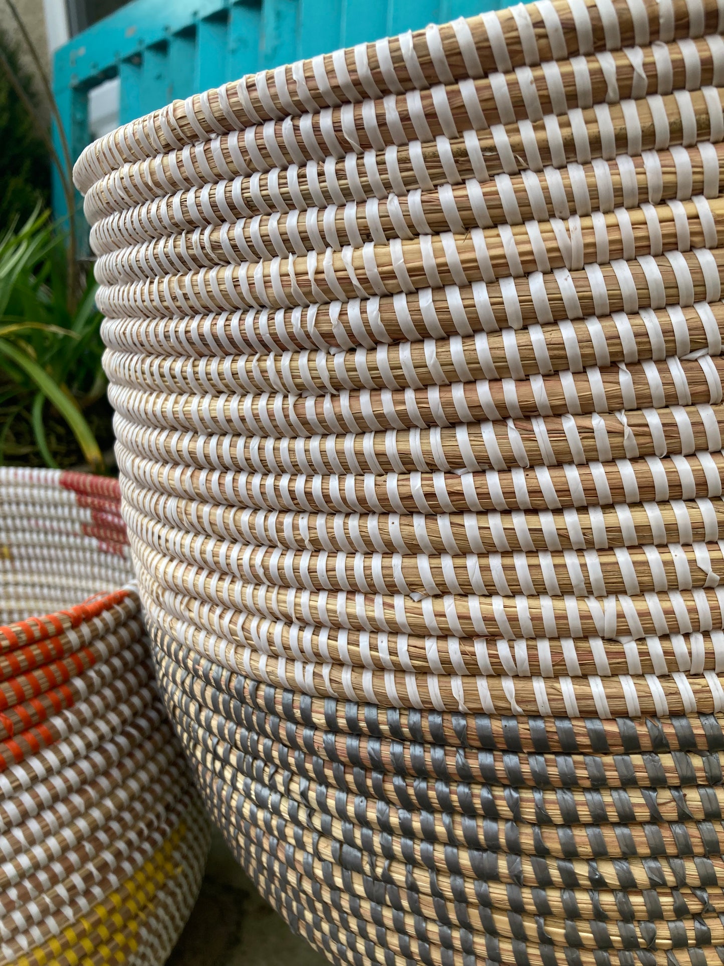 Woven Grass Basket With Recycled Strips