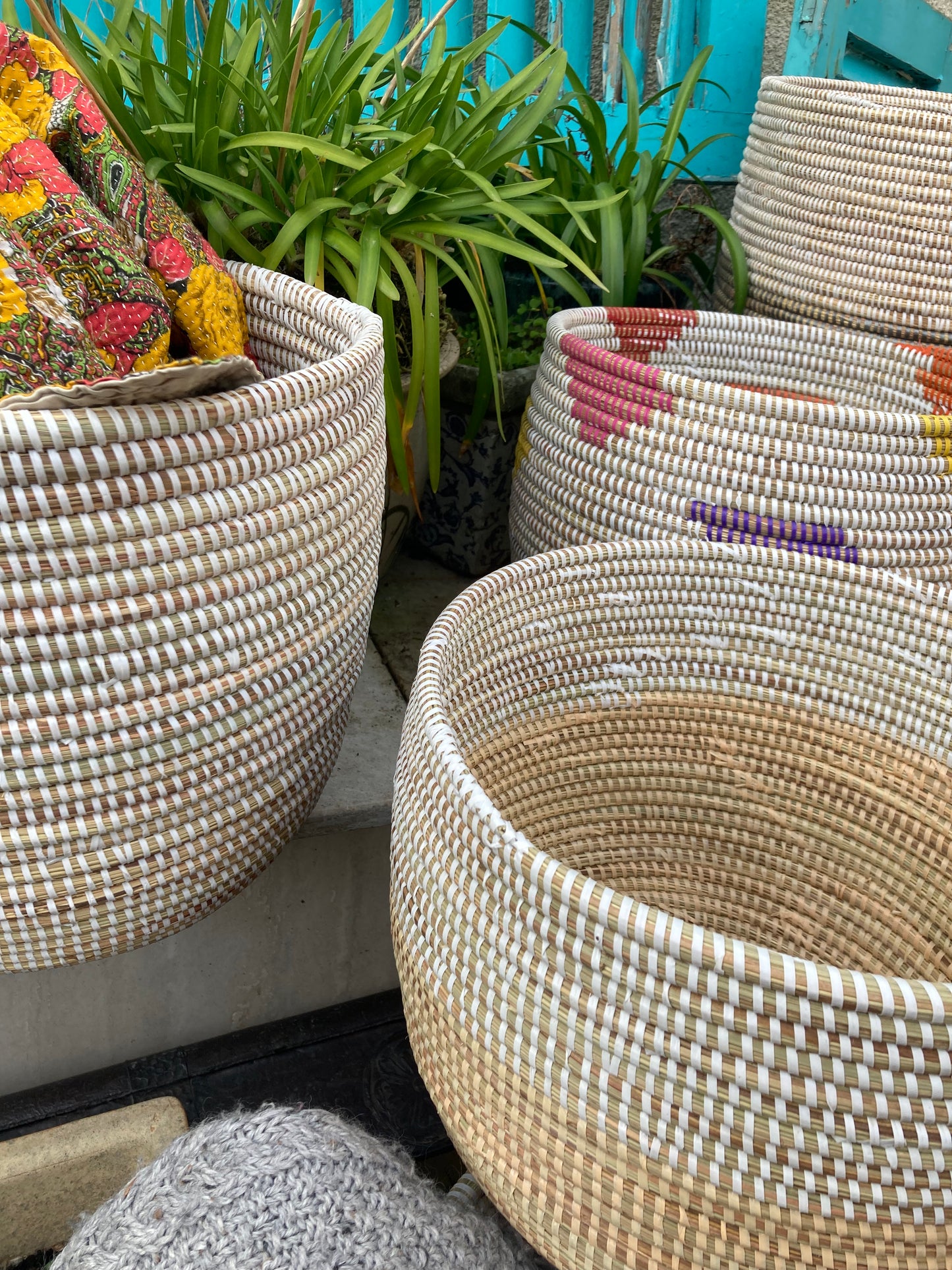 Woven Grass Basket With Recycled Strips