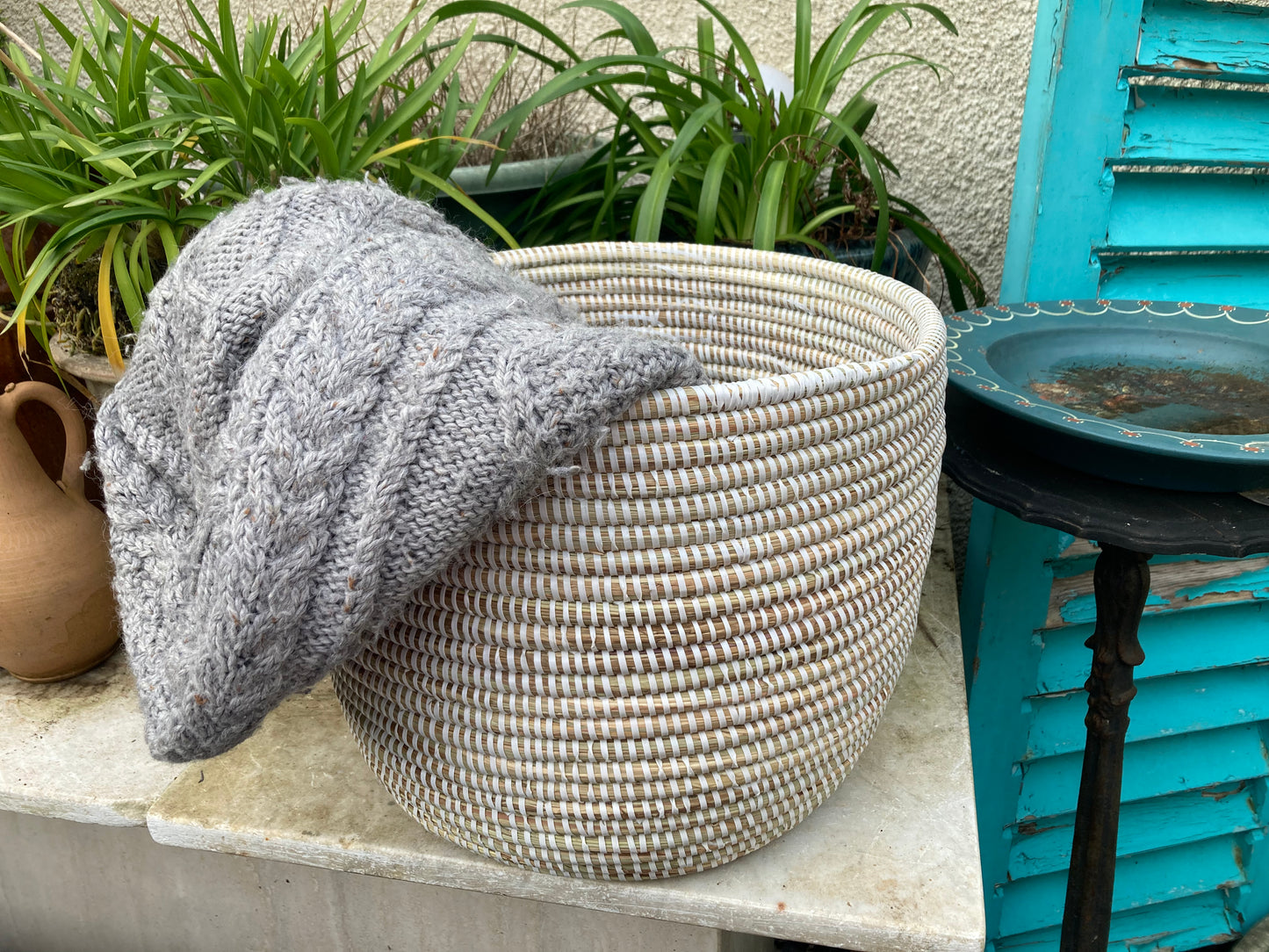 Woven Grass Basket With Recycled Strips