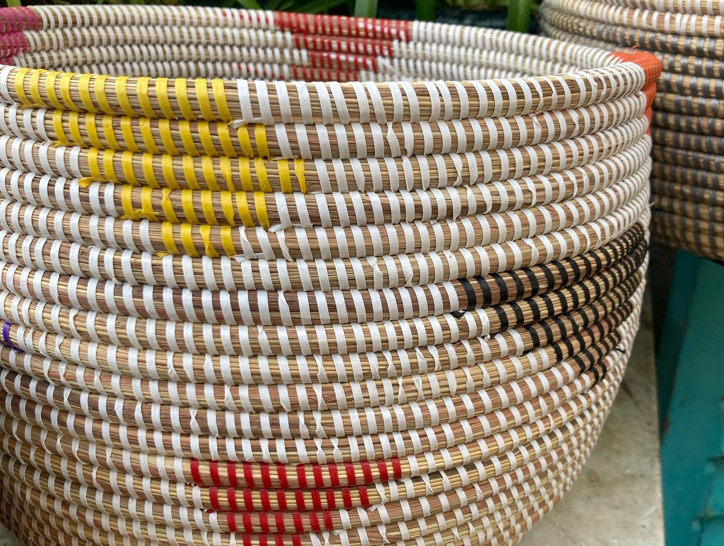 Woven Grass Basket With Recycled Strips